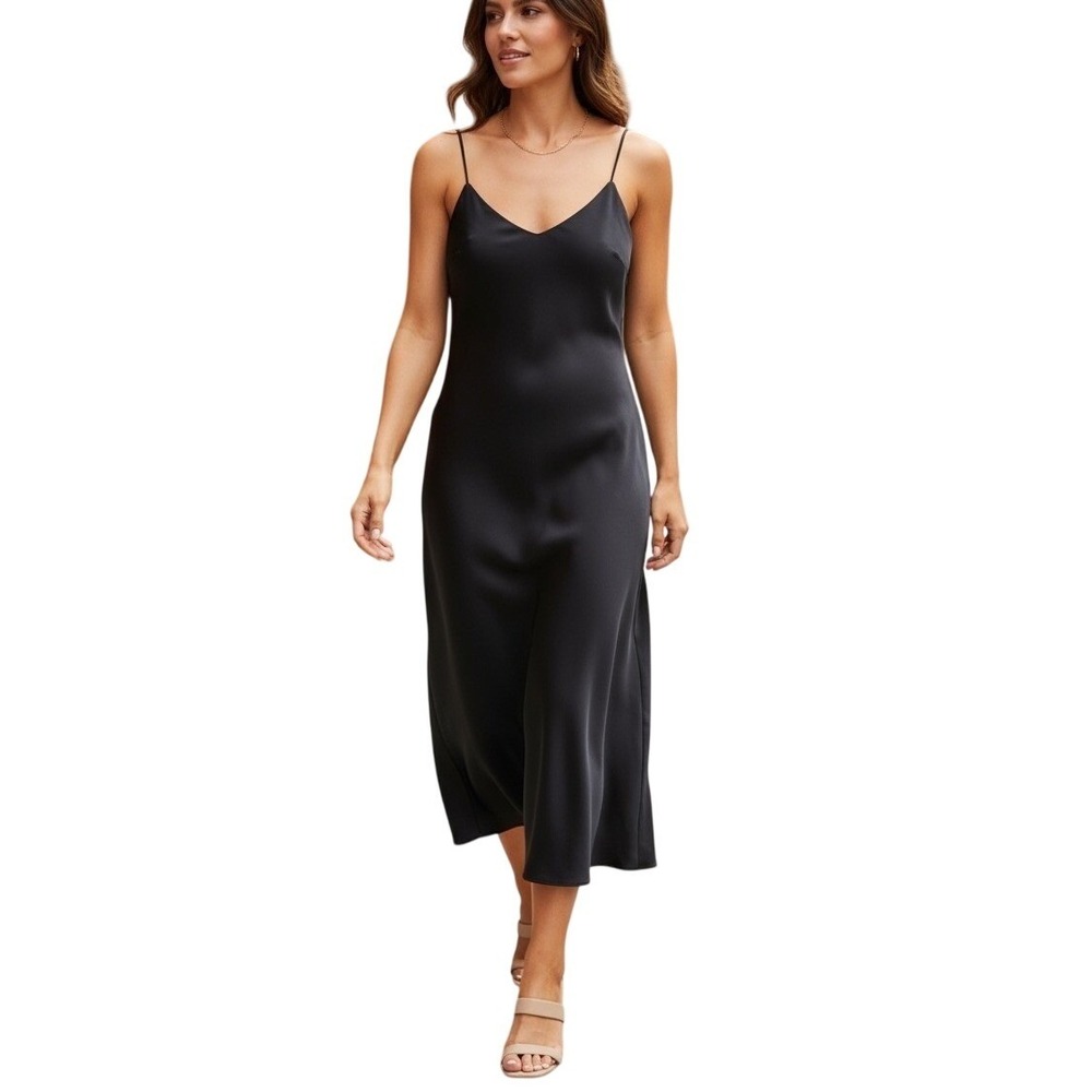 Reformation Black Satin Open Back Midi Slip Dress Size Small
